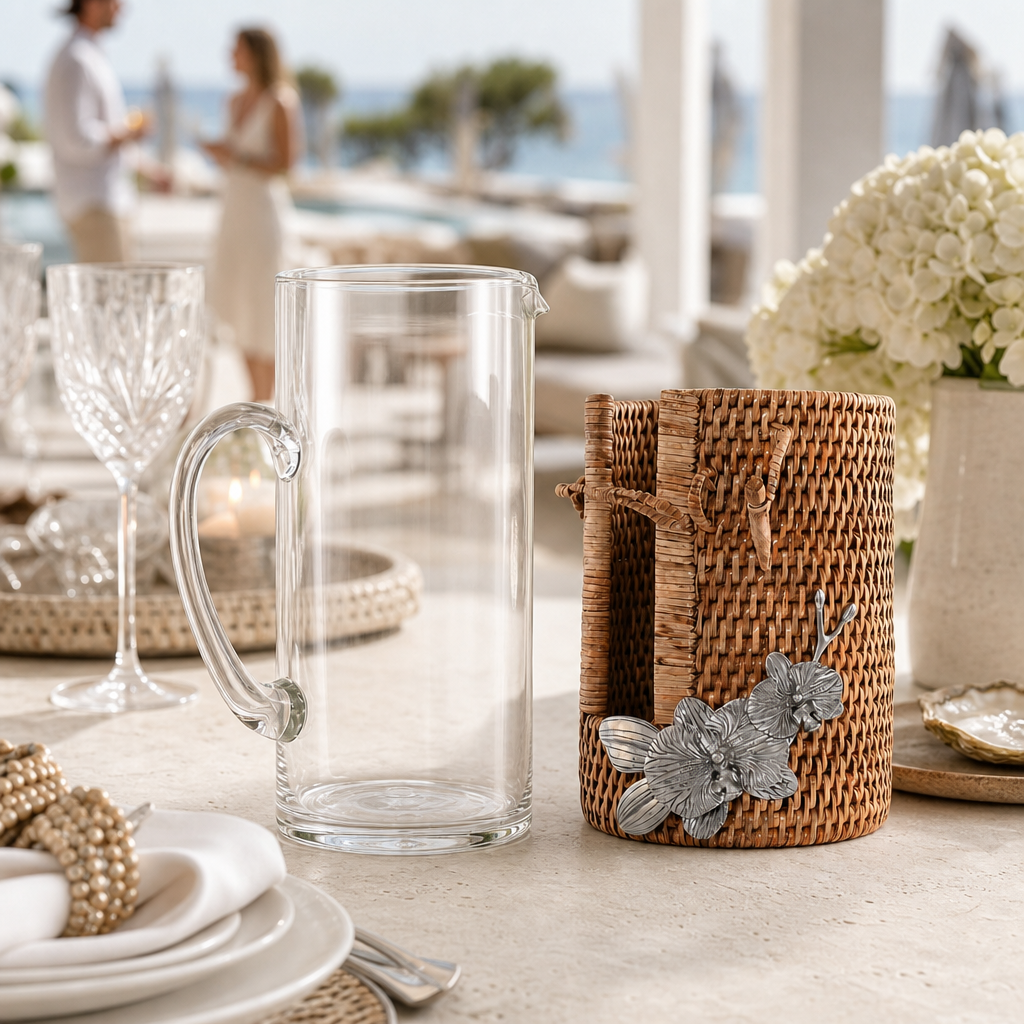 Orchid Glass Pitcher Hand Woven Wicker Natural Rattan Cover