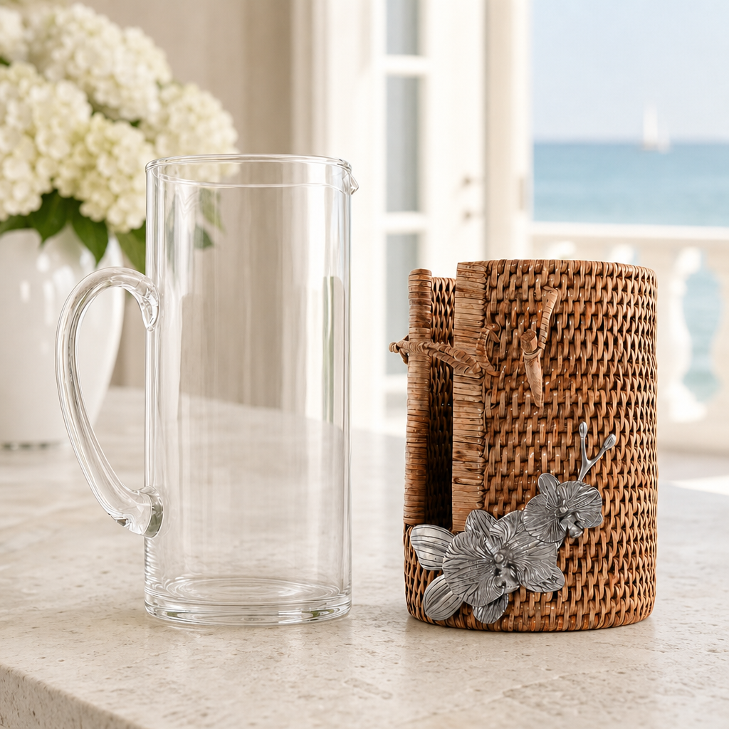 Orchid Glass Pitcher Hand Woven Wicker Natural Rattan Cover