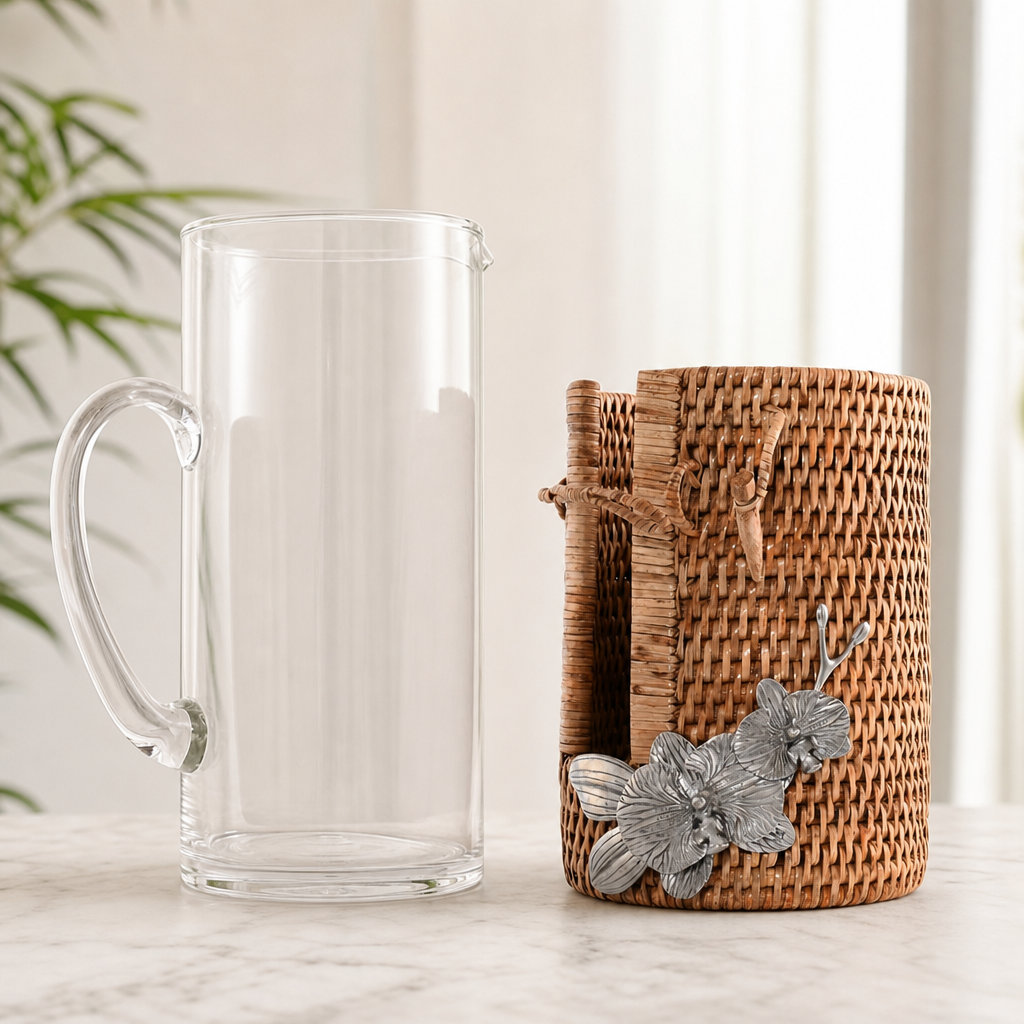 Orchid Glass Pitcher Hand Woven Wicker Natural Rattan Cover