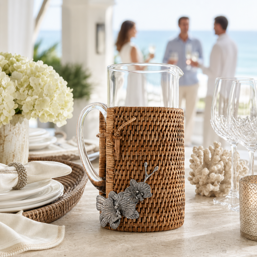 Orchid Glass Pitcher Hand Woven Wicker Natural Rattan Cover