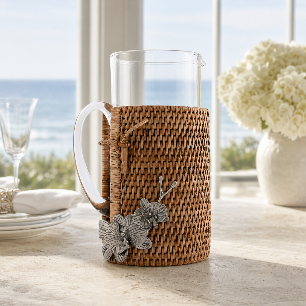 Orchid Glass Pitcher Hand Woven Wicker Natural Rattan Cover