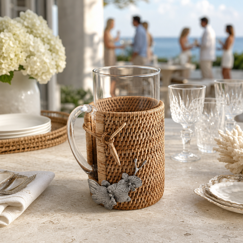 Orchid Glass Pitcher Hand Woven Wicker Natural Rattan Cover
