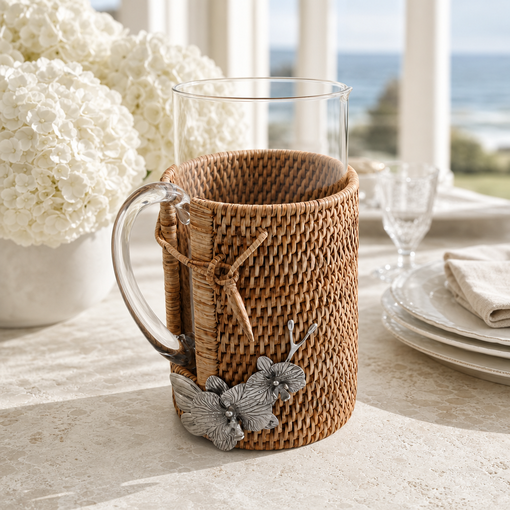 Orchid Glass Pitcher Hand Woven Wicker Natural Rattan Cover