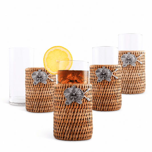 Orchid Drinking Glass Covered with Hand Woven Wicker Rattan - Set of 4