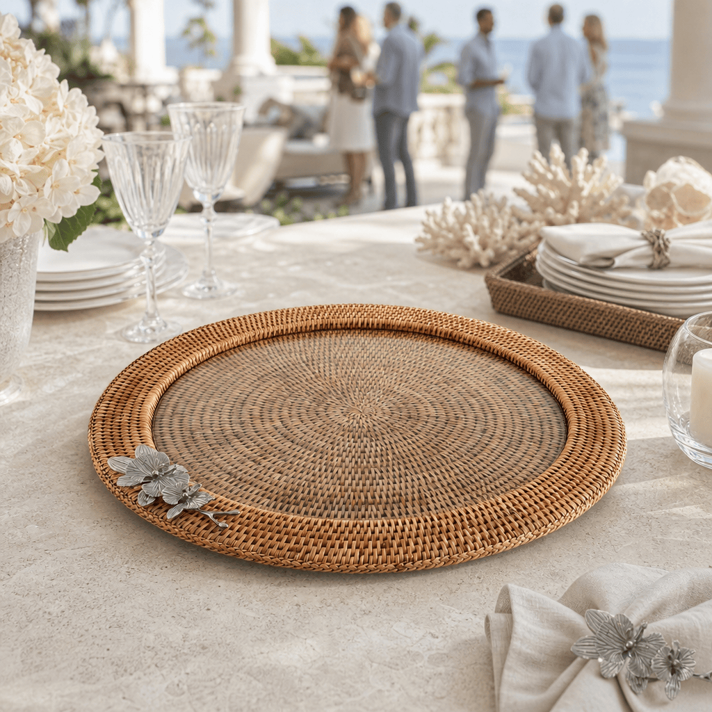 Orchid Round Serving Tray Hand Woven Wicker Rattan - Glass Insert