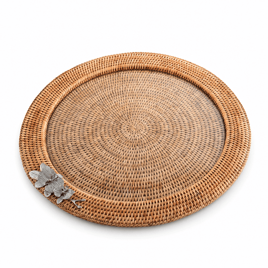Orchid Round Serving Tray Hand Woven Wicker Rattan - Glass Insert