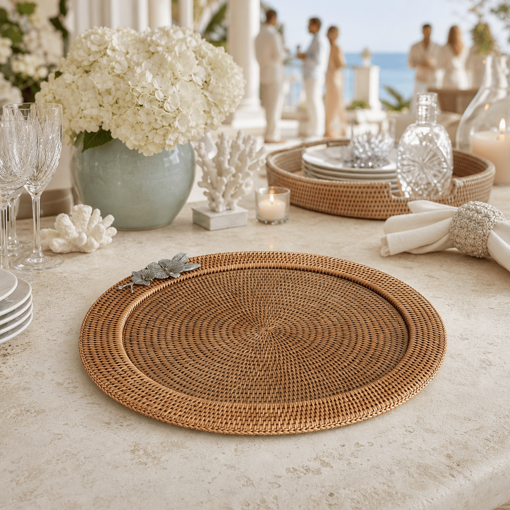 Orchid Round Serving Tray Hand Woven Wicker Rattan - Glass Insert