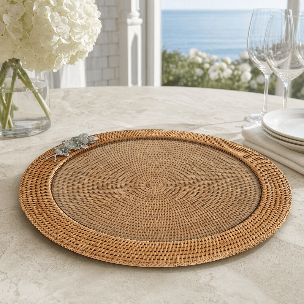 Orchid Round Serving Tray Hand Woven Wicker Rattan - Glass Insert