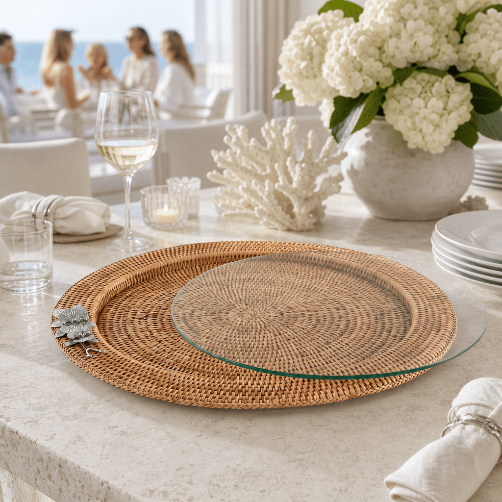 Orchid Round Serving Tray Hand Woven Wicker Rattan - Glass Insert