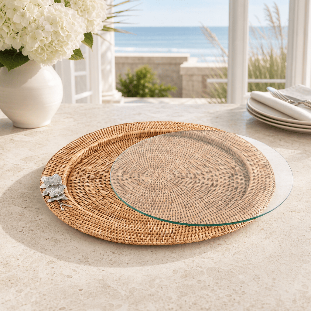 Orchid Round Serving Tray Hand Woven Wicker Rattan - Glass Insert