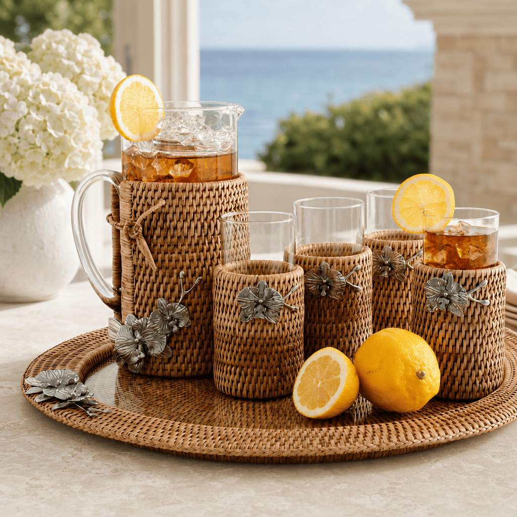 Orchid Round Serving Tray Hand Woven Wicker Rattan - Glass Insert