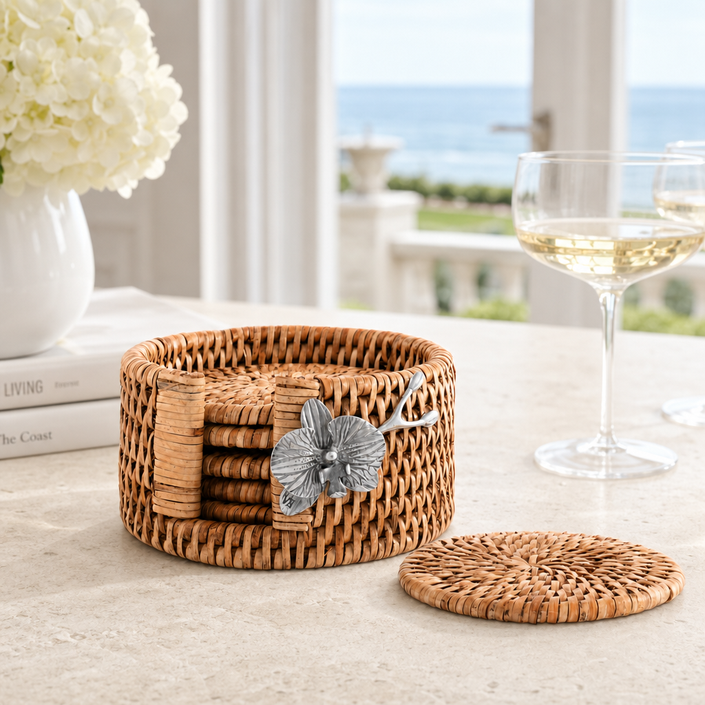 Orchid Hand Woven Wicker Rattan Coaster Set - 6 Coasters