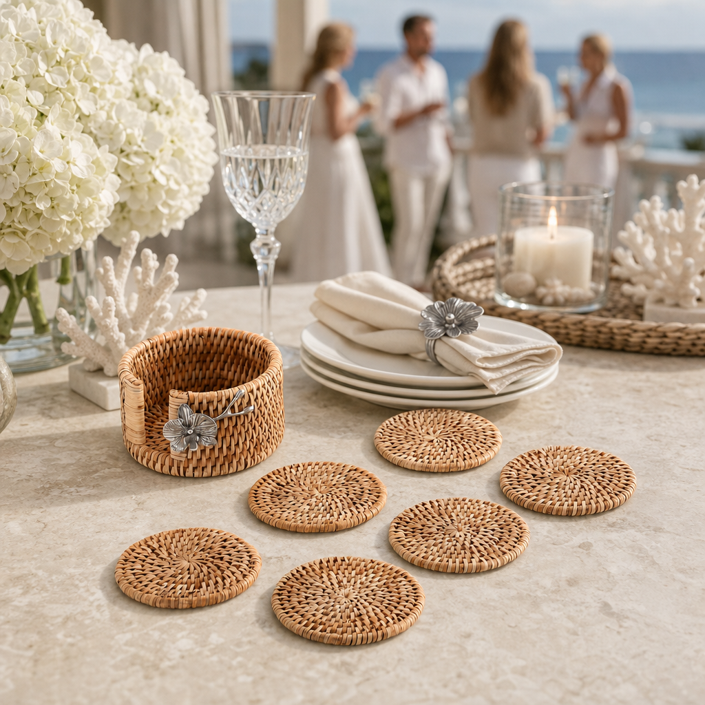 Orchid Hand Woven Wicker Rattan Coaster Set - 6 Coasters