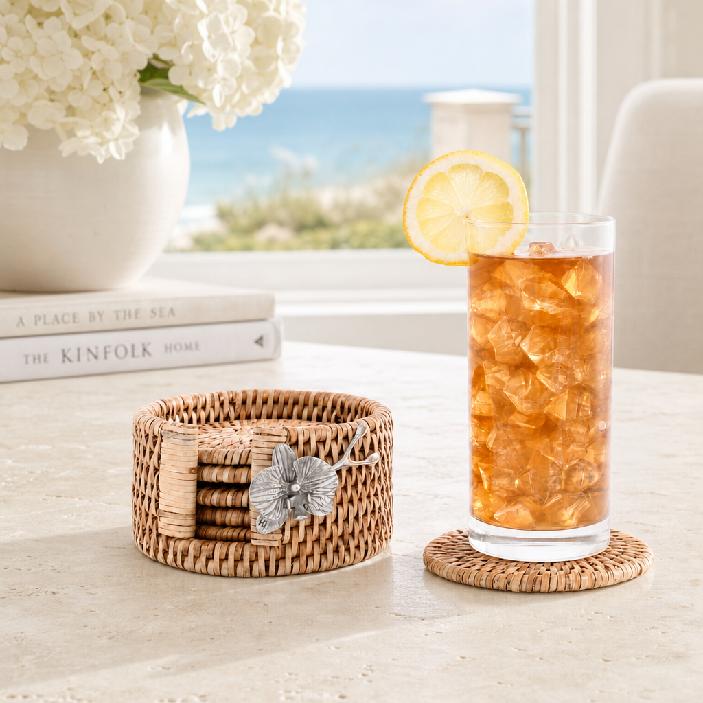 Orchid Hand Woven Wicker Rattan Coaster Set - 6 Coasters