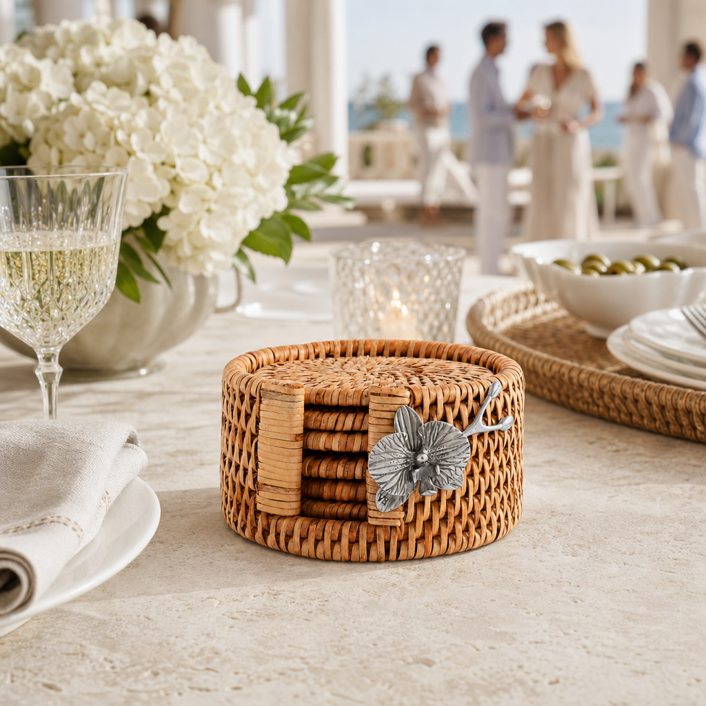 Orchid Hand Woven Wicker Rattan Coaster Set - 6 Coasters