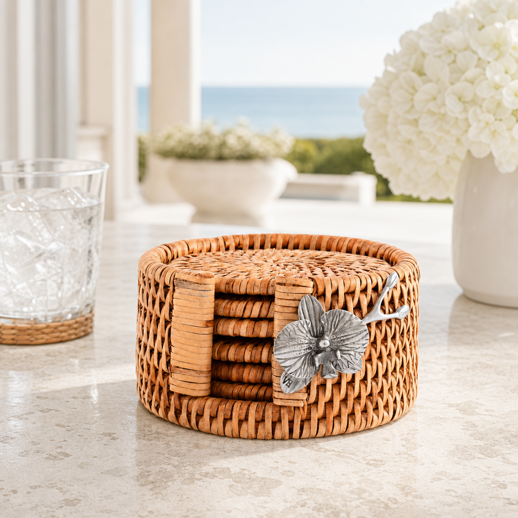 Orchid Hand Woven Wicker Rattan Coaster Set - 6 Coasters