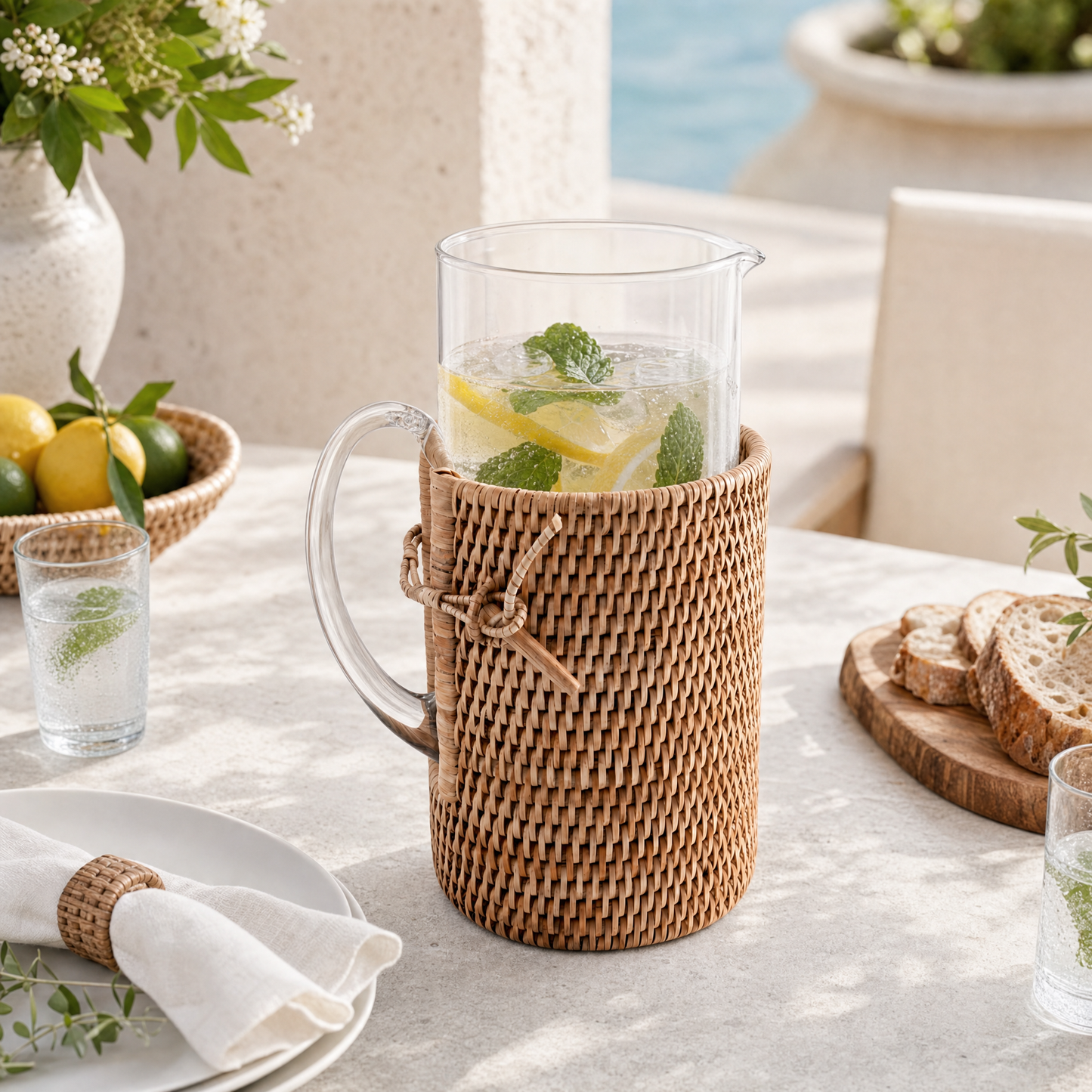 Glass Pitcher Hand Woven Wicker Natural Rattan Cover