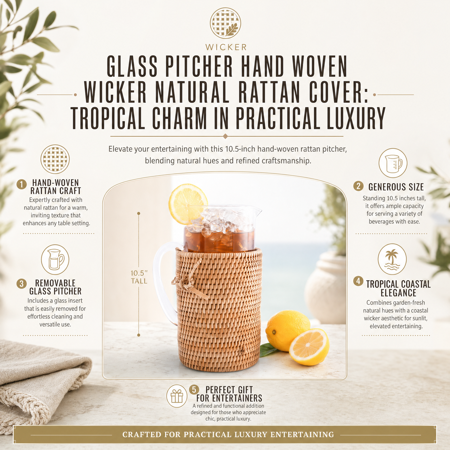 Glass Pitcher Hand Woven Wicker Natural Rattan Cover
