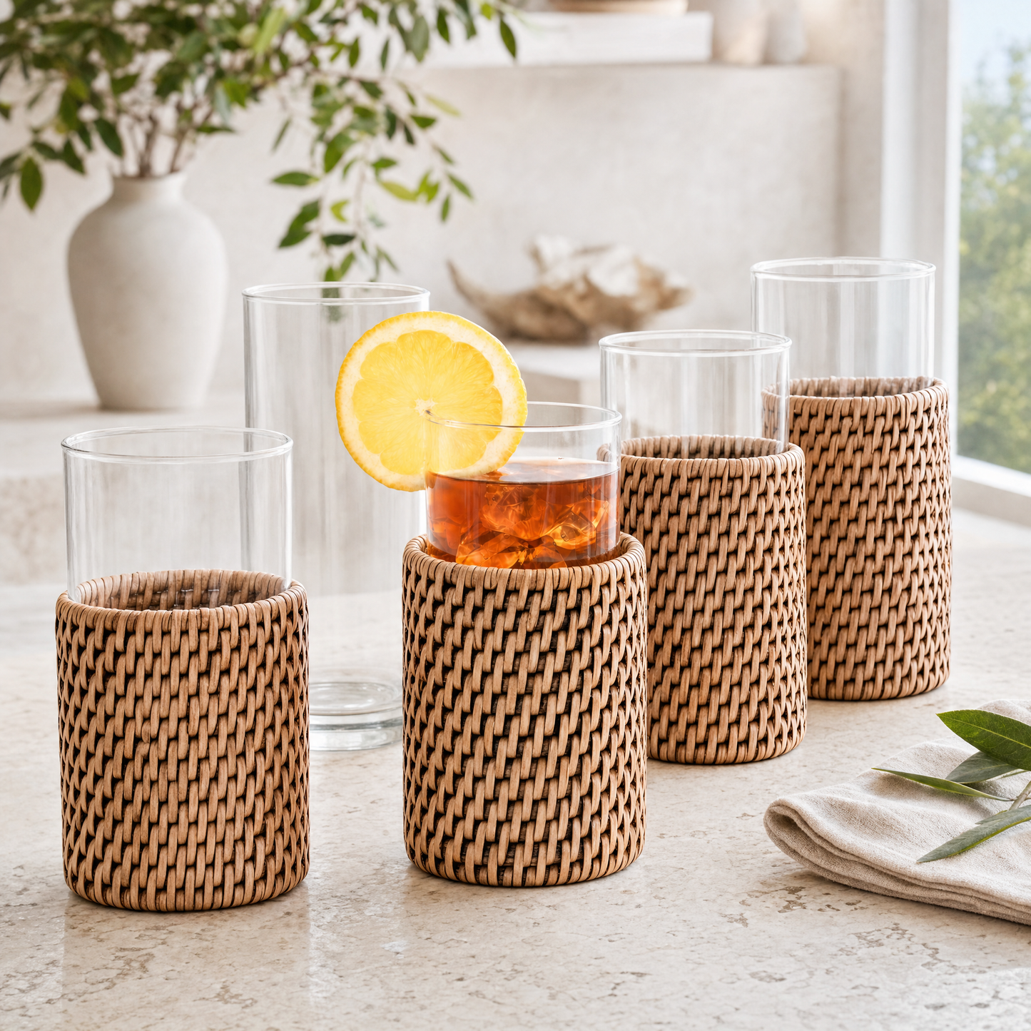 Drinking Glass Covered with Hand Woven Wicker Rattan - Set of 4