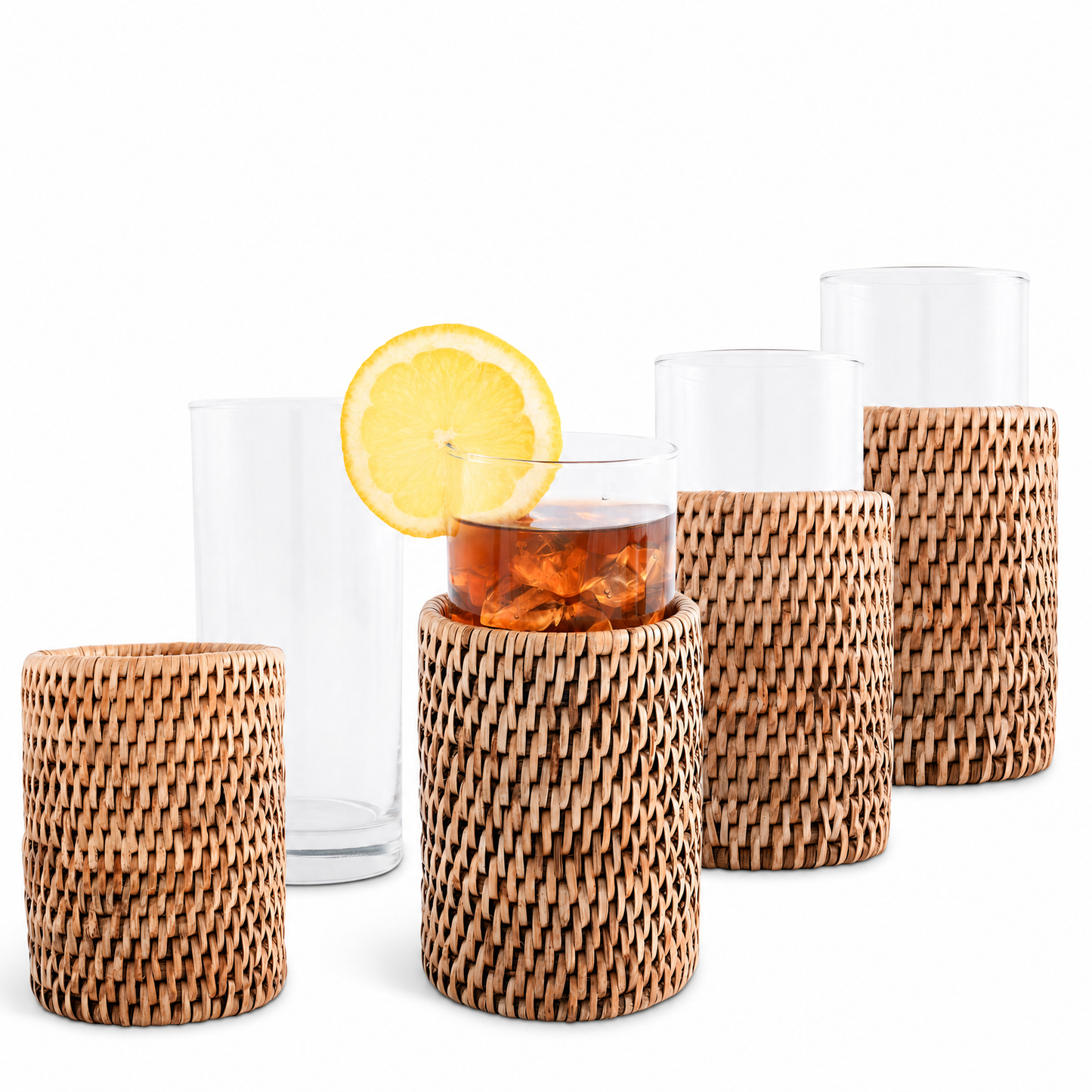 Drinking Glass Covered with Hand Woven Wicker Rattan - Set of 4