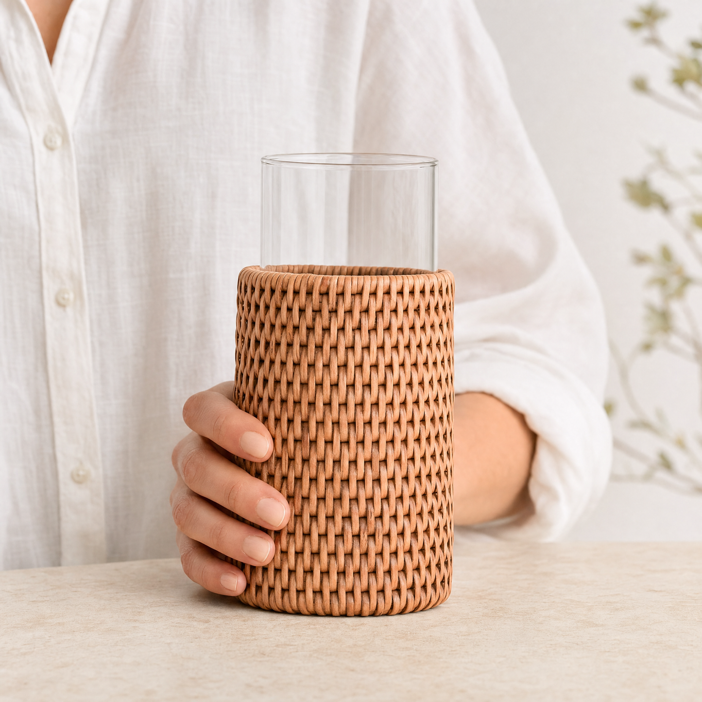 Drinking Glass Covered with Hand Woven Wicker Rattan - Set of 4