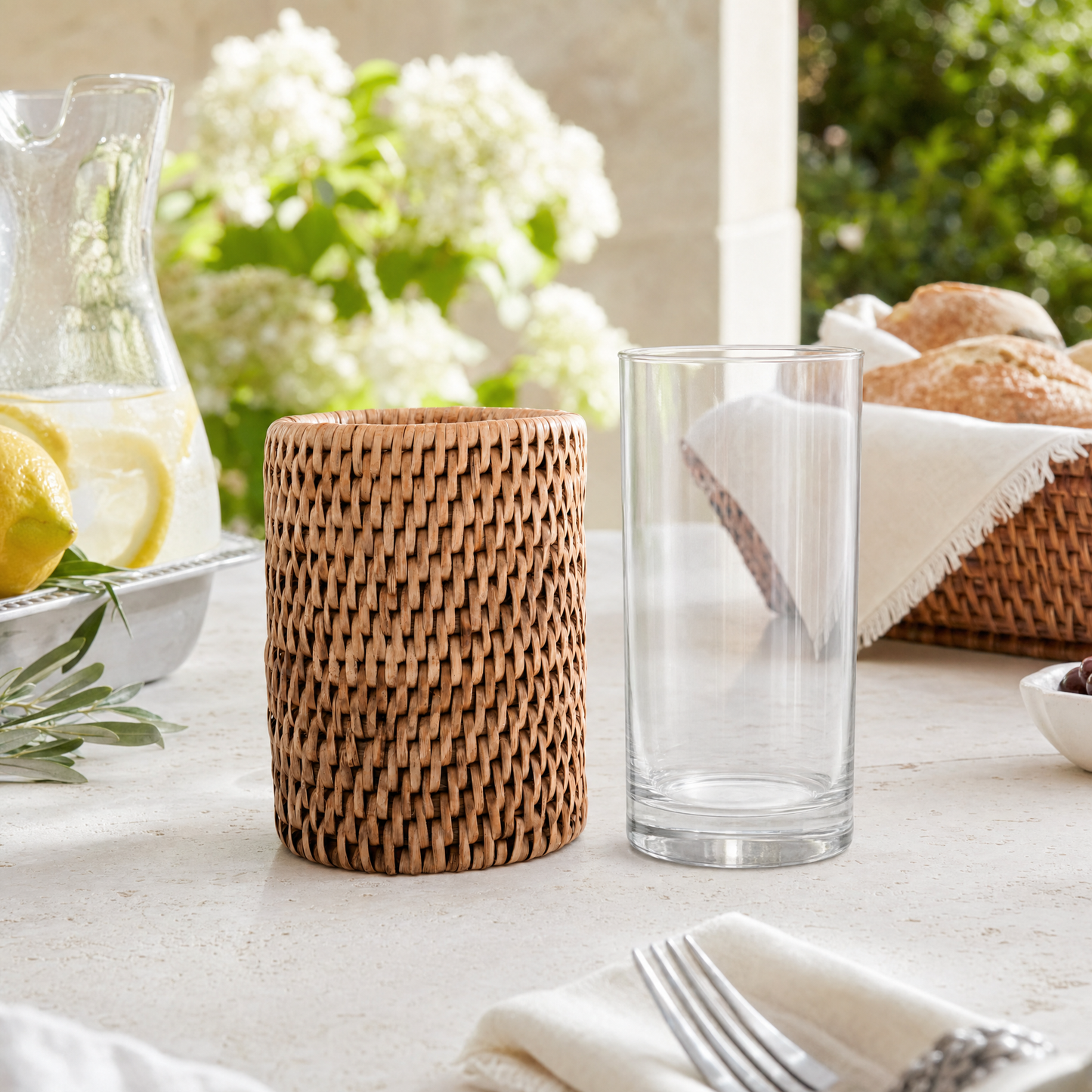 Drinking Glass Covered with Hand Woven Wicker Rattan - Set of 4