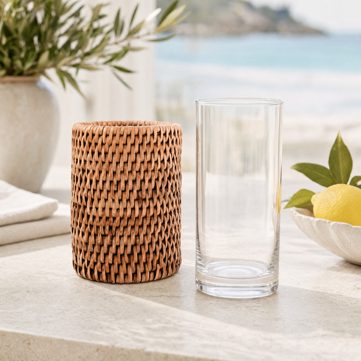 Drinking Glass Covered with Hand Woven Wicker Rattan - Set of 4
