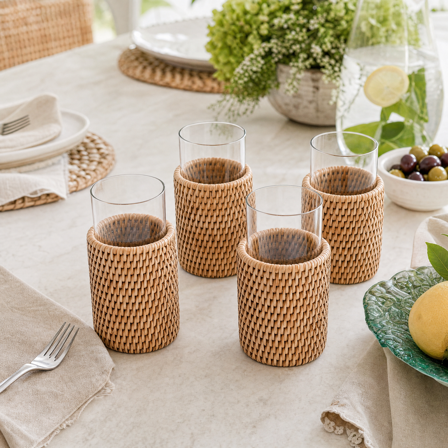 Drinking Glass Covered with Hand Woven Wicker Rattan - Set of 4