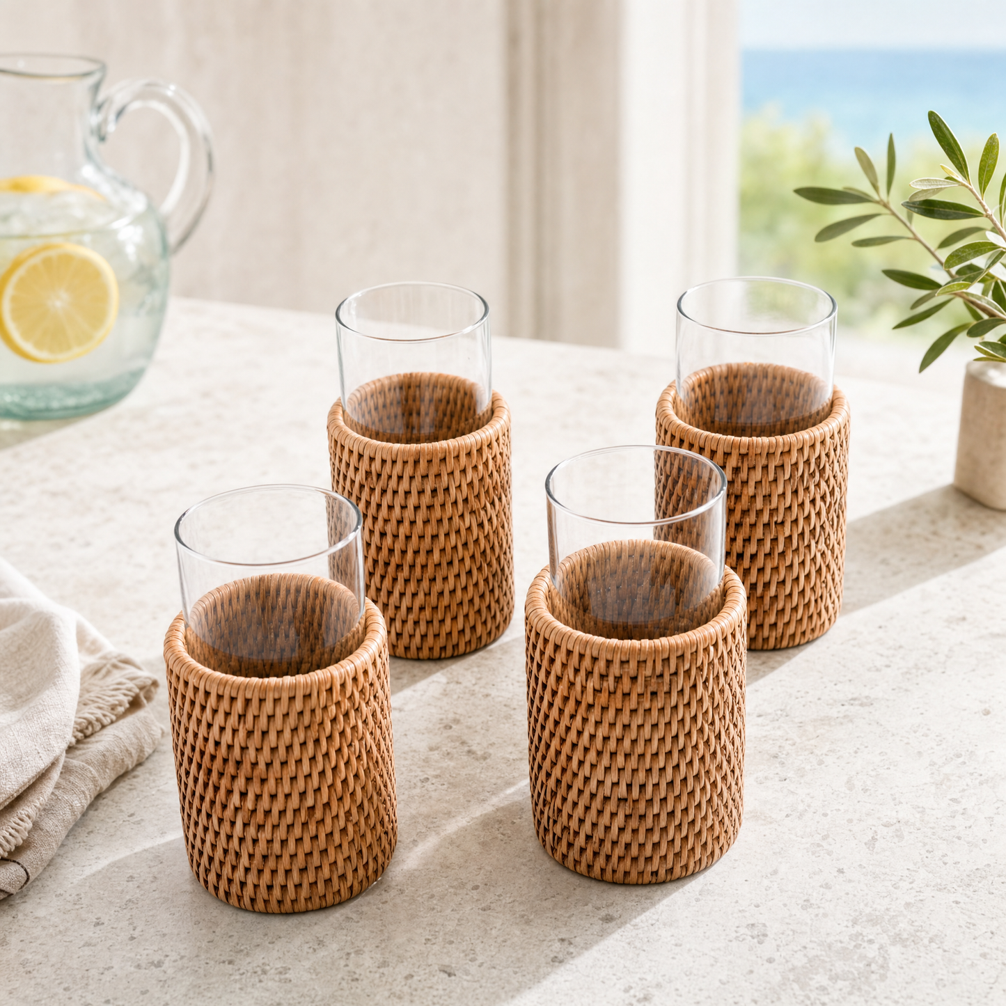 Drinking Glass Covered with Hand Woven Wicker Rattan - Set of 4