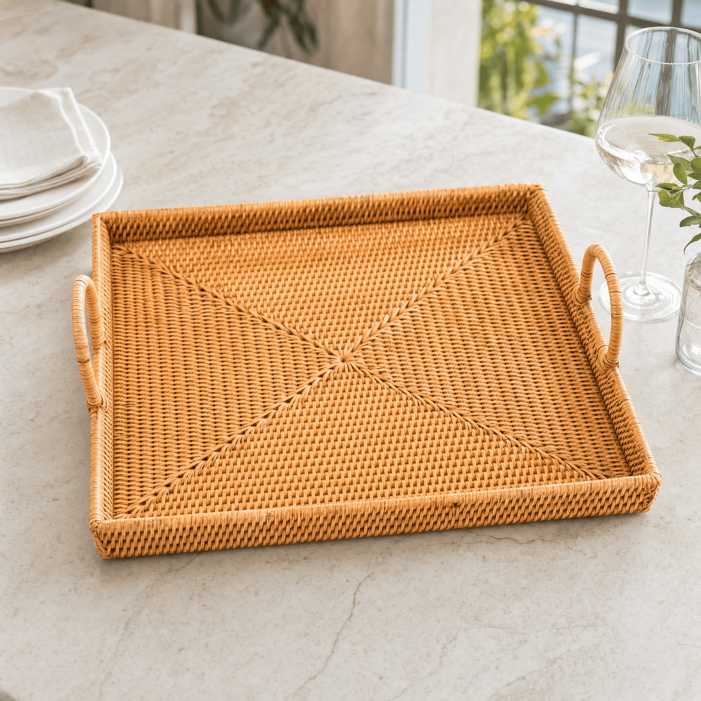 Hand Woven Wicker Rattan Large Square Tray