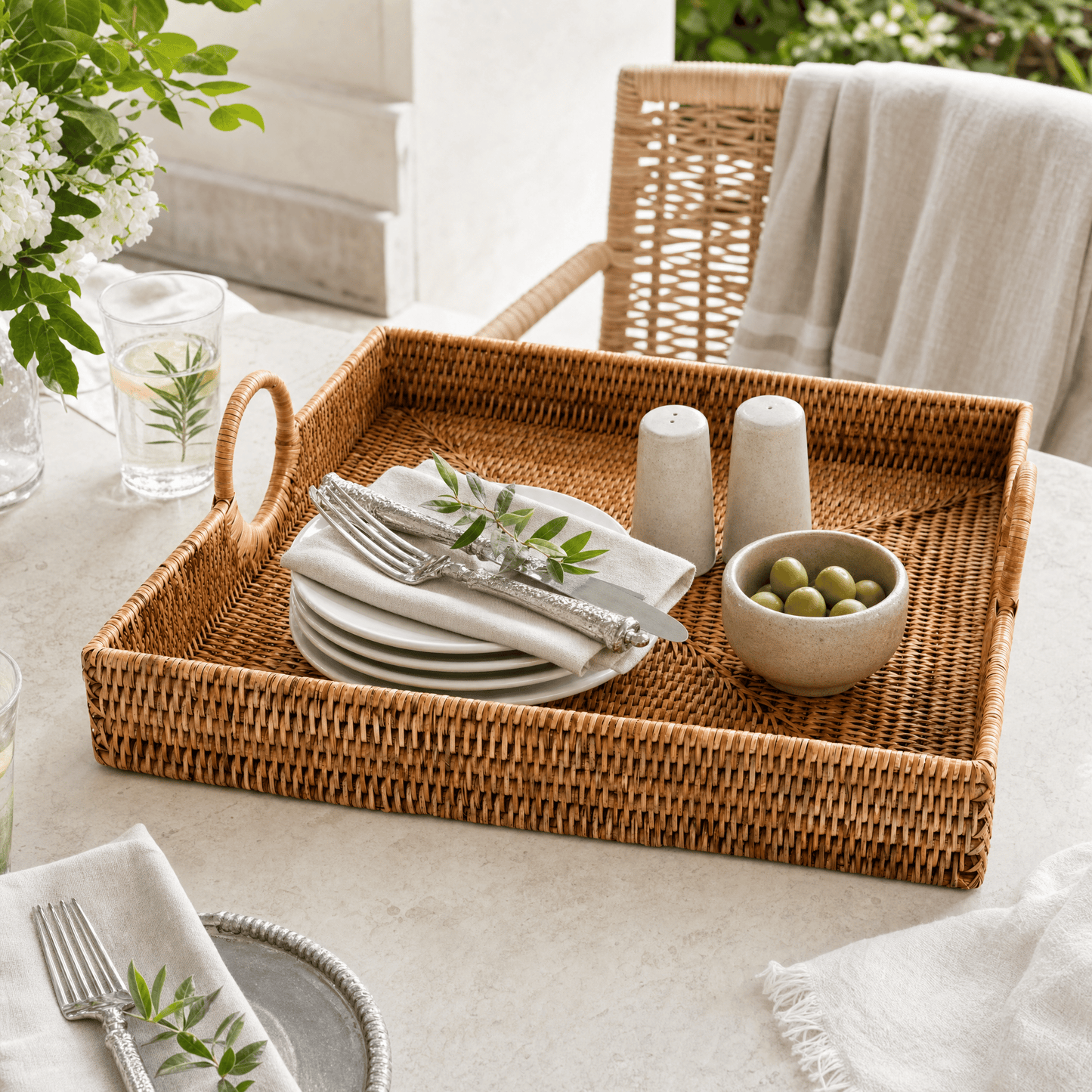 Hand Woven Wicker Rattan Large Square Tray