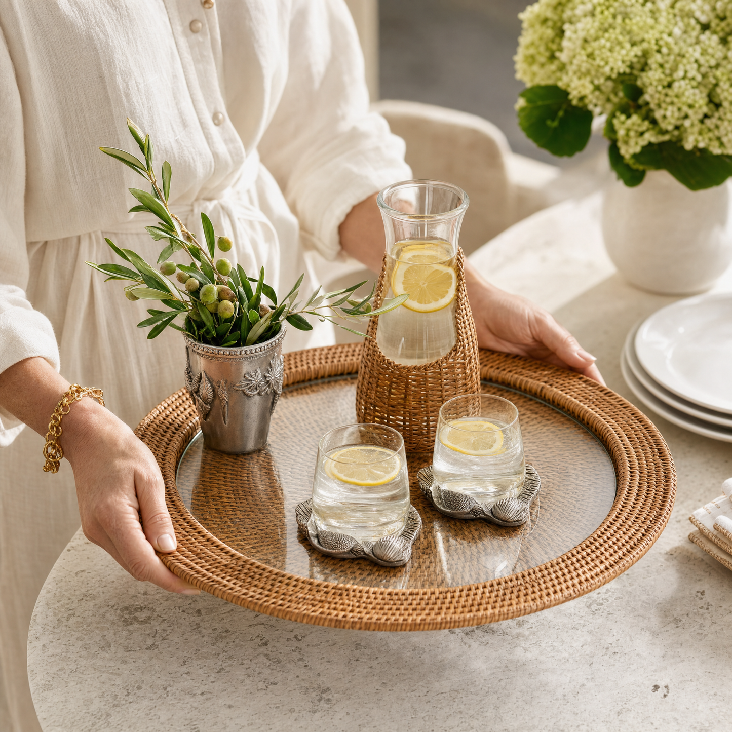 Round Serving Tray Hand Woven Wicker Rattan - Glass Insert