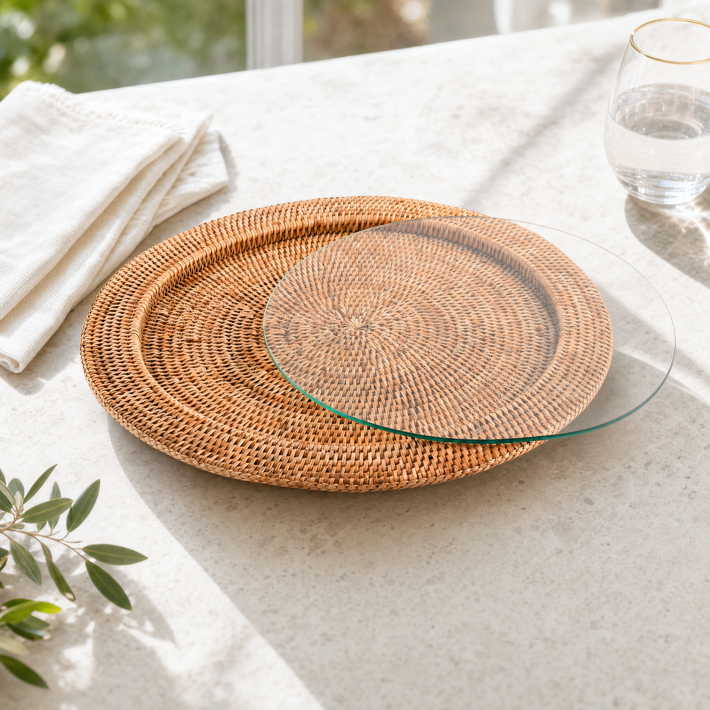 Round Serving Tray Hand Woven Wicker Rattan - Glass Insert