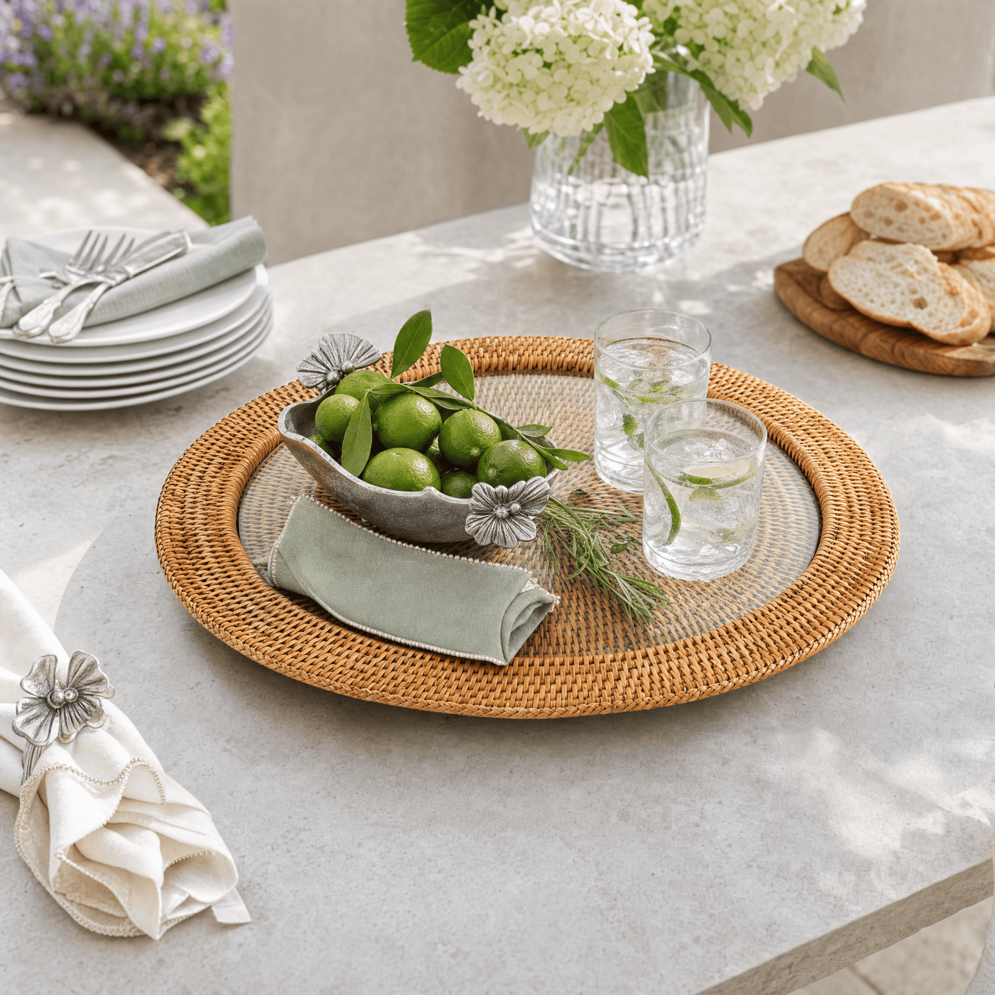 Round Serving Tray Hand Woven Wicker Rattan - Glass Insert