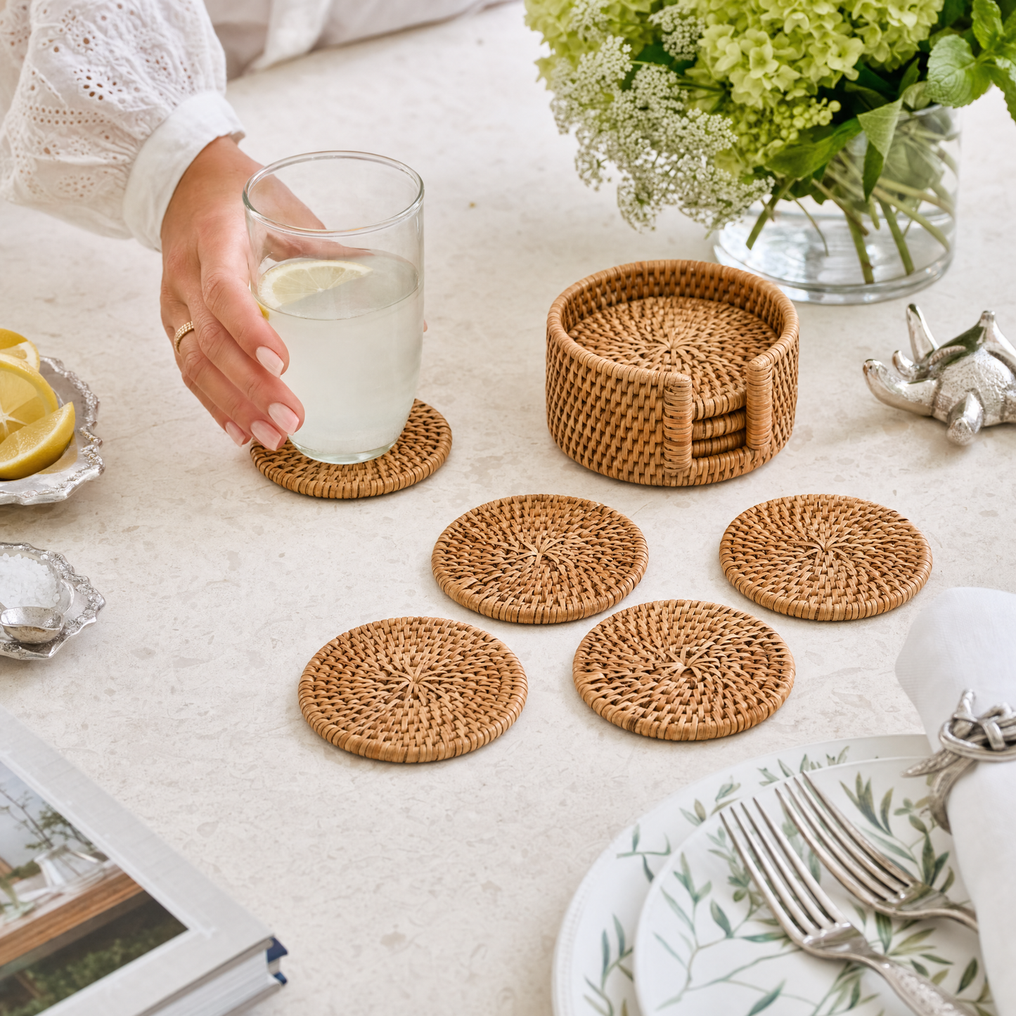 Hand Woven Rattan Wicker Coaster Set - 6 Coasters