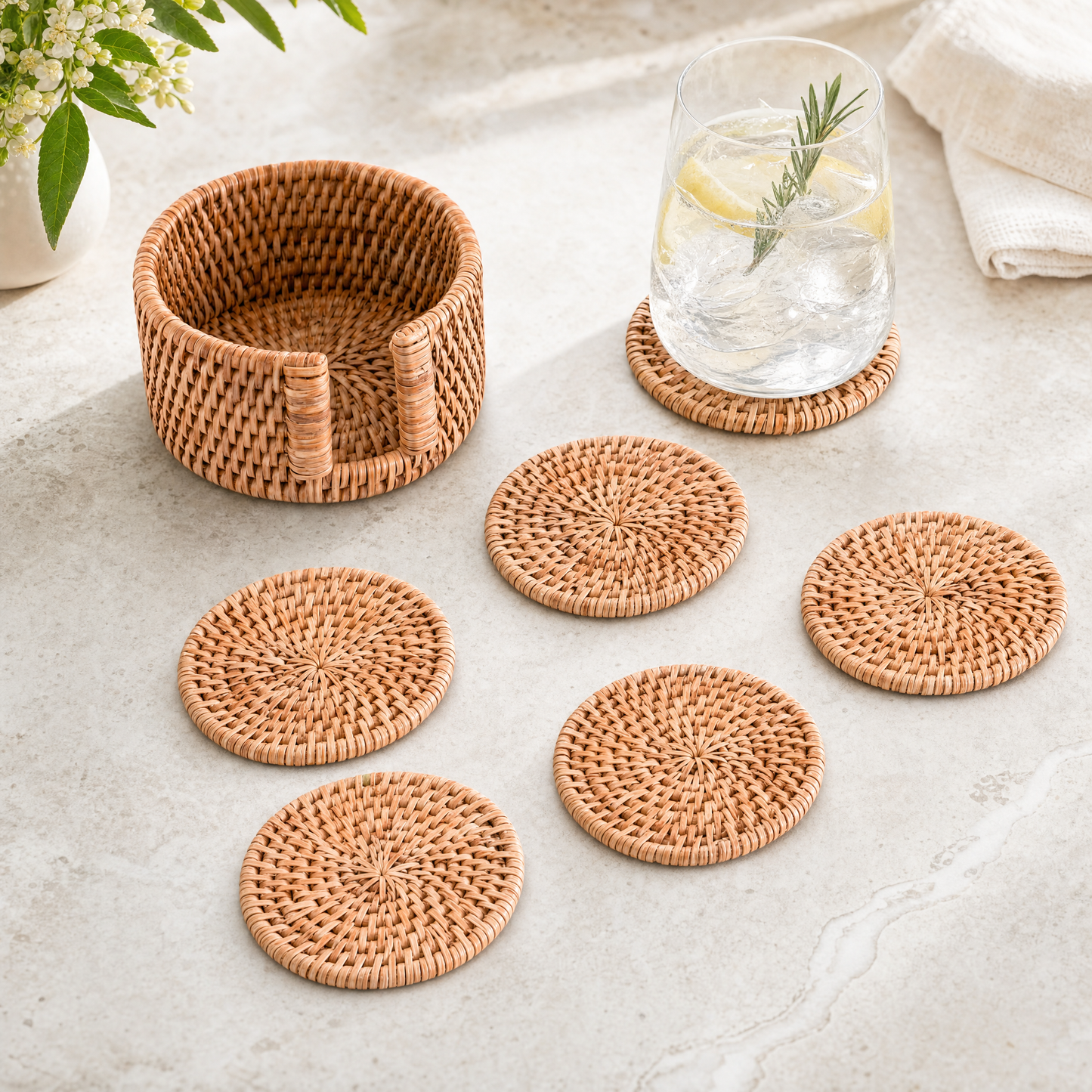 Hand Woven Rattan Wicker Coaster Set - 6 Coasters