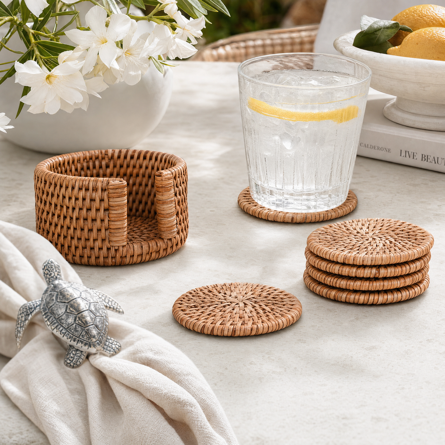 Hand Woven Rattan Wicker Coaster Set - 6 Coasters