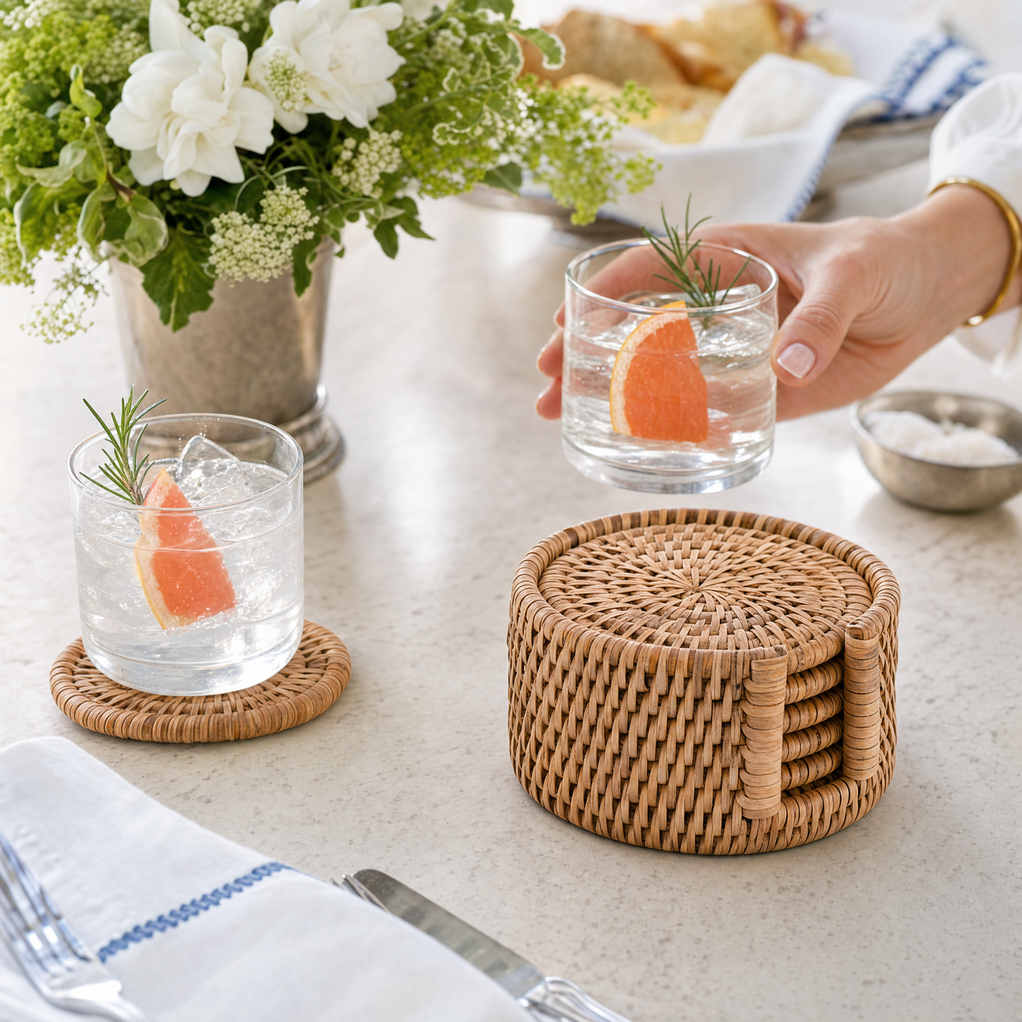 Hand Woven Rattan Wicker Coaster Set - 6 Coasters