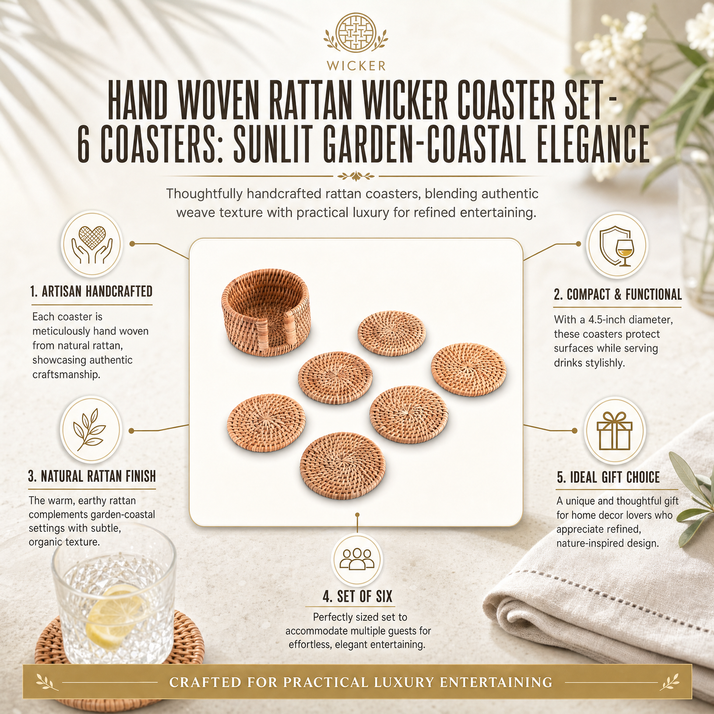 Hand Woven Rattan Wicker Coaster Set - 6 Coasters