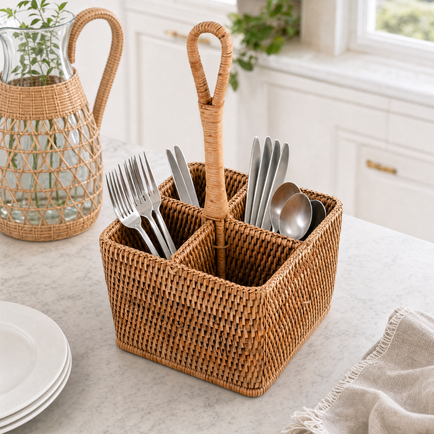 Hand Woven Rattan Wicker Flatware Caddy