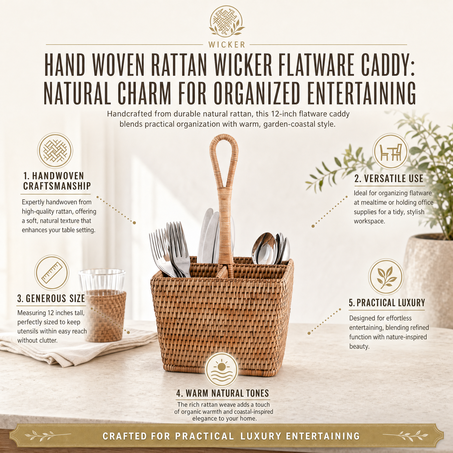 Hand Woven Rattan Wicker Flatware Caddy
